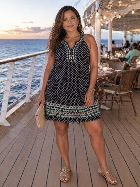THML Navy Boho Embroidered Mini Dress Tribal Print Resort Cruise Size XXL